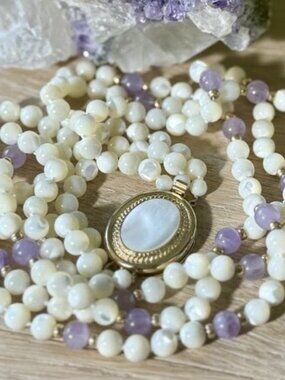 Elegant Triple Strand Mother of Pearl and Amethyst Necklace